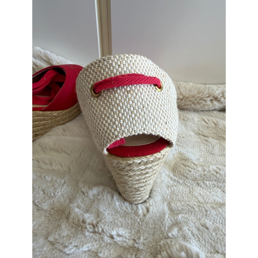 London Rebel Womens Red Canvas Espadrille Wedge Sandals Lace Up Ankle Tie Size10 - Picture 5 of 7